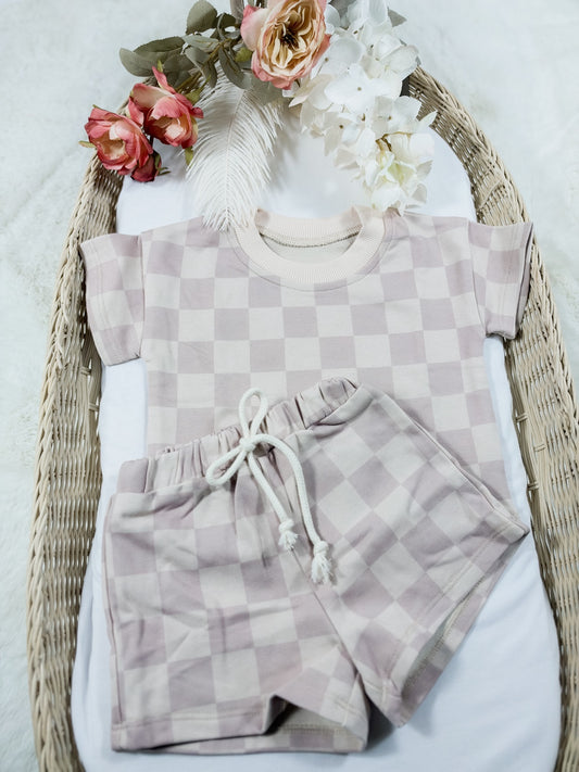 Oat Milk Check Tee and Shorts Set