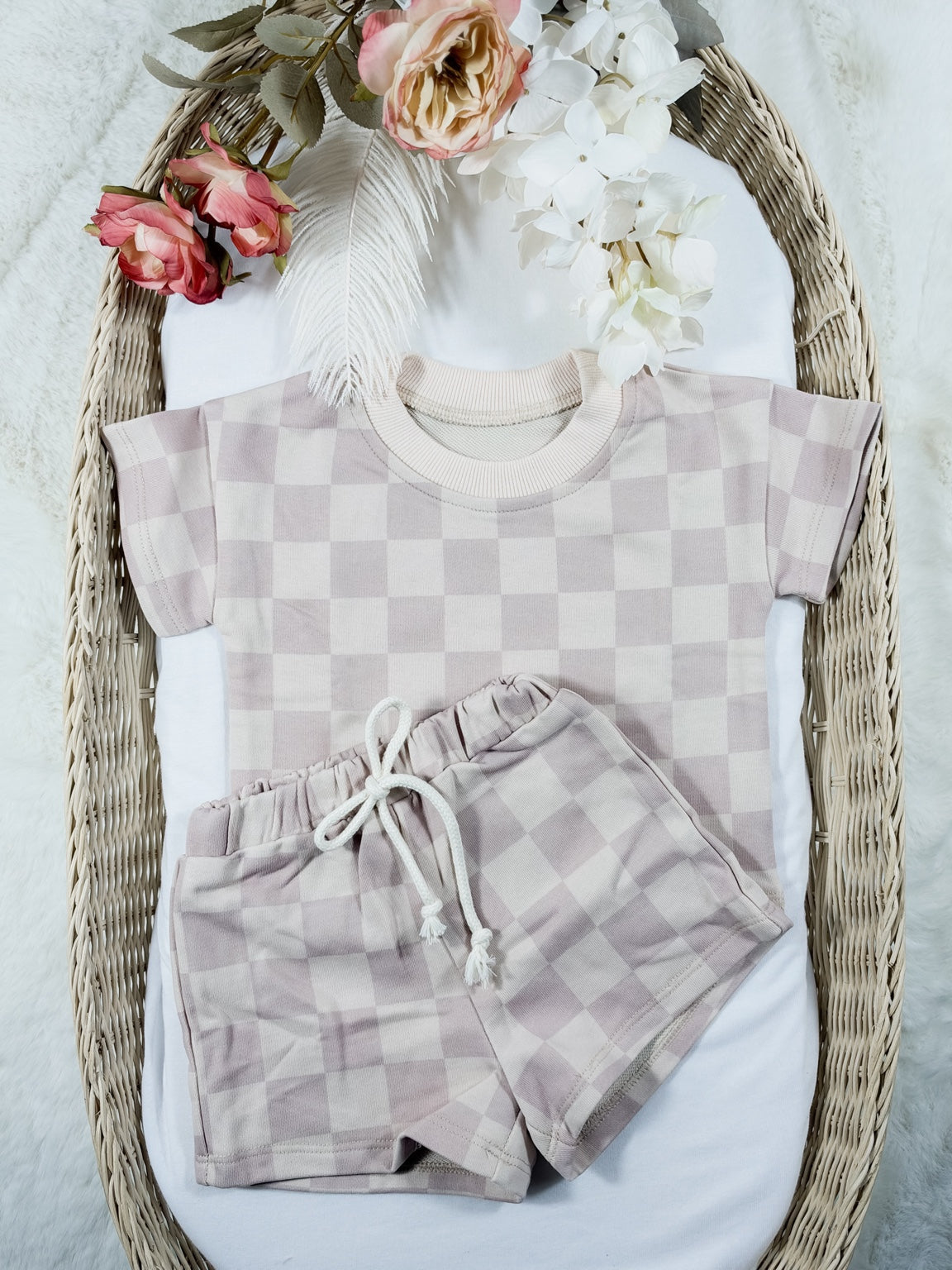 Oat Milk Check Tee and Shorts Set