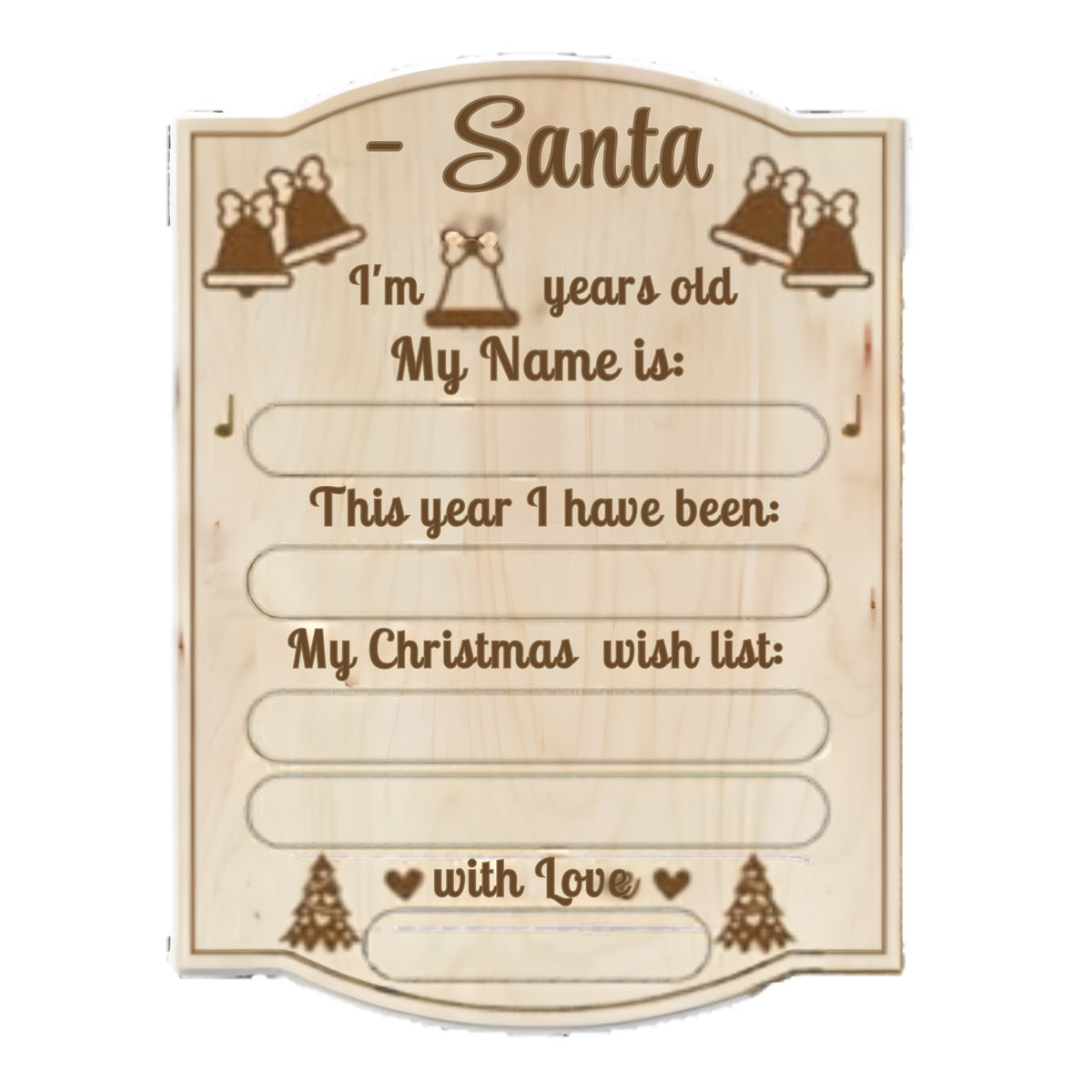 Santa wish-list board with blank spaces for age, name and Christmas wishes