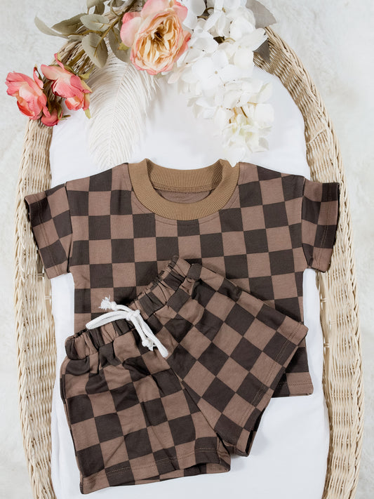 Brown Check Tee & Shorts Set 🤎