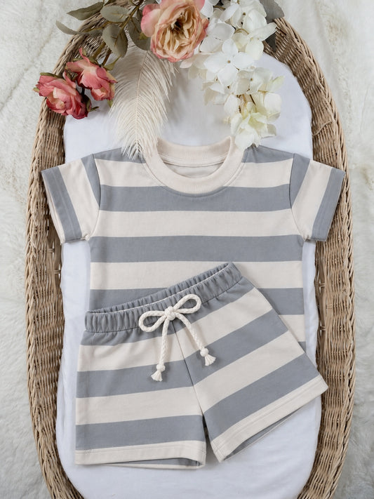 Grey and cream striped children's tee and shorts set