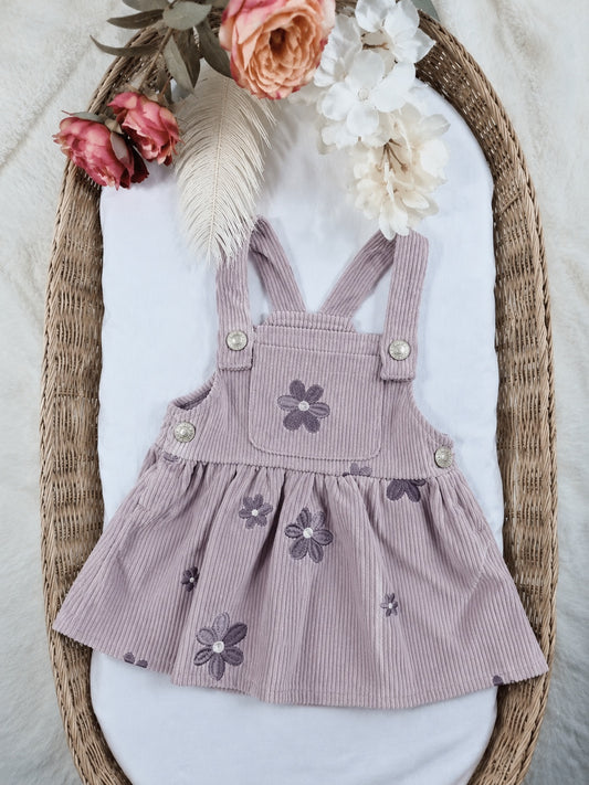Dusty lilac corduroy pinafore with embroidered flowers