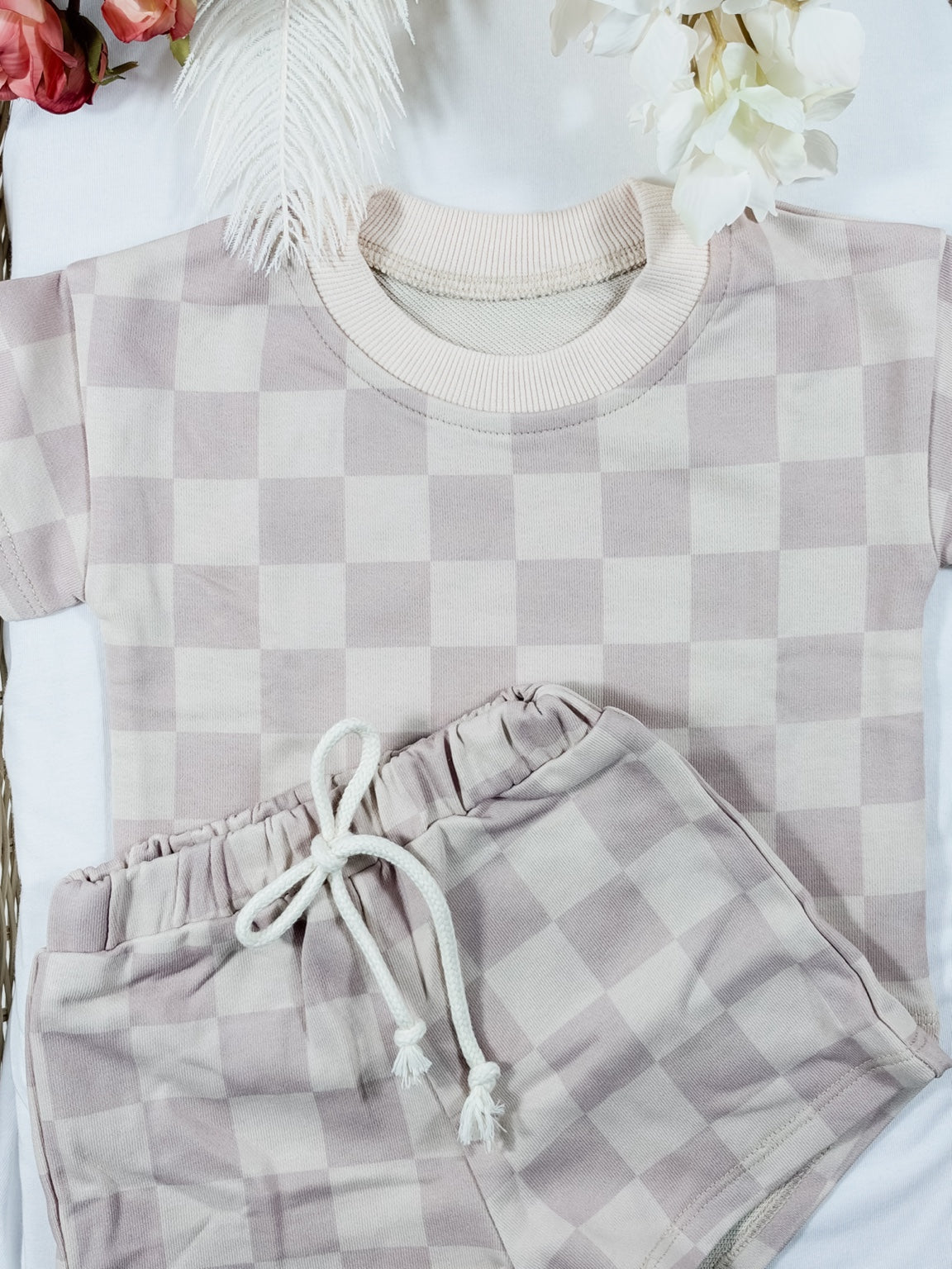 Oat Milk Check Tee and Shorts Set