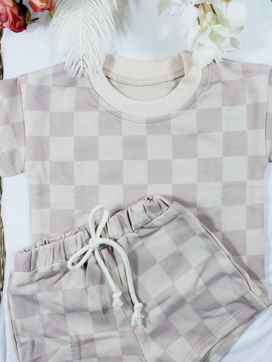 Oat Milk Check Tee and Shorts Set
