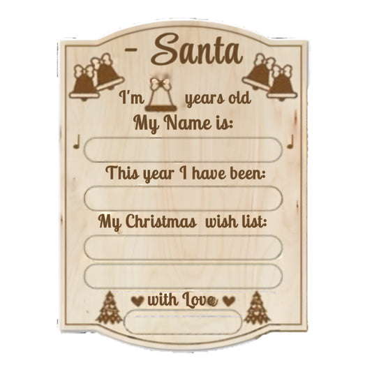 Santa wish-list board with blank spaces for age, name and Christmas wishes